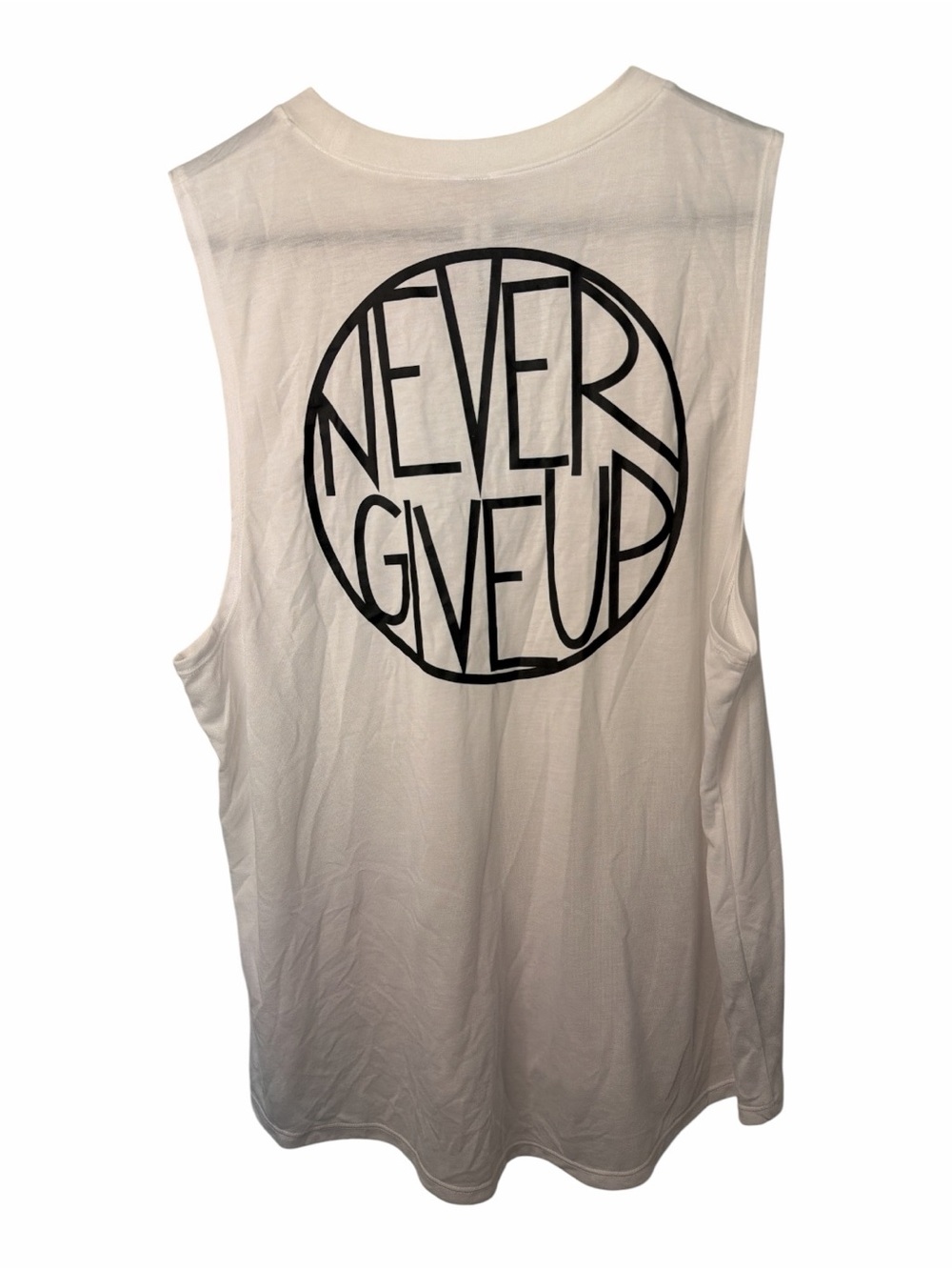 Lorna Jane White Sleeveless Muscle Tee Never Give Up Back Graphic NWOT